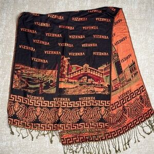 Women long Venezia Shawl Scarf Fringe 70”x27” Brown Orange Print
